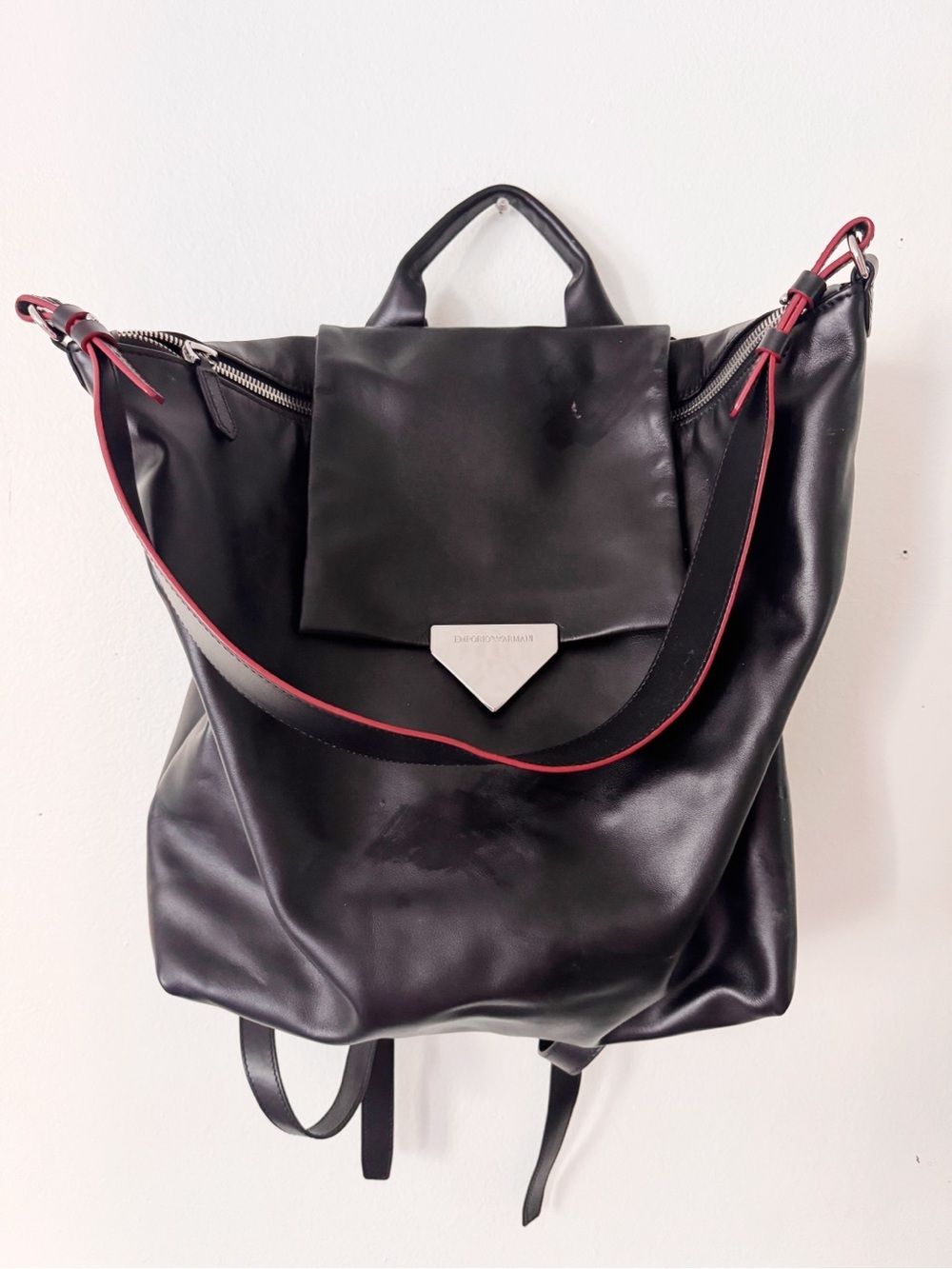 Emporio Armani Black Leather Backpack with Red Accent